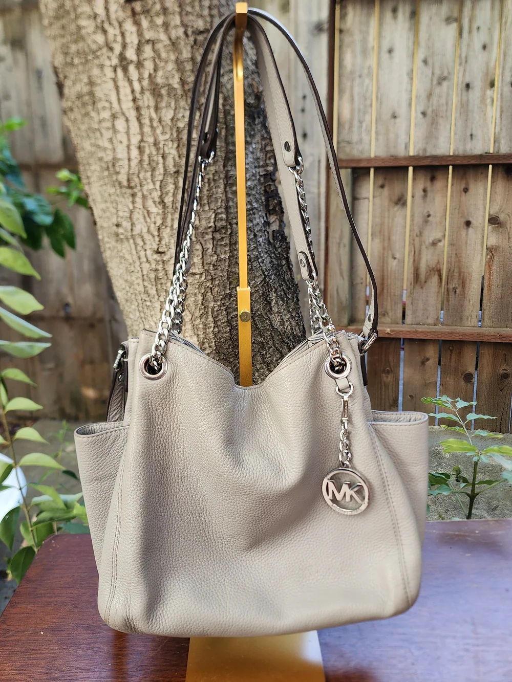 Michael Kors Gray Pebbled Leather Chain Shoulder Bag Hobo Tote Purse